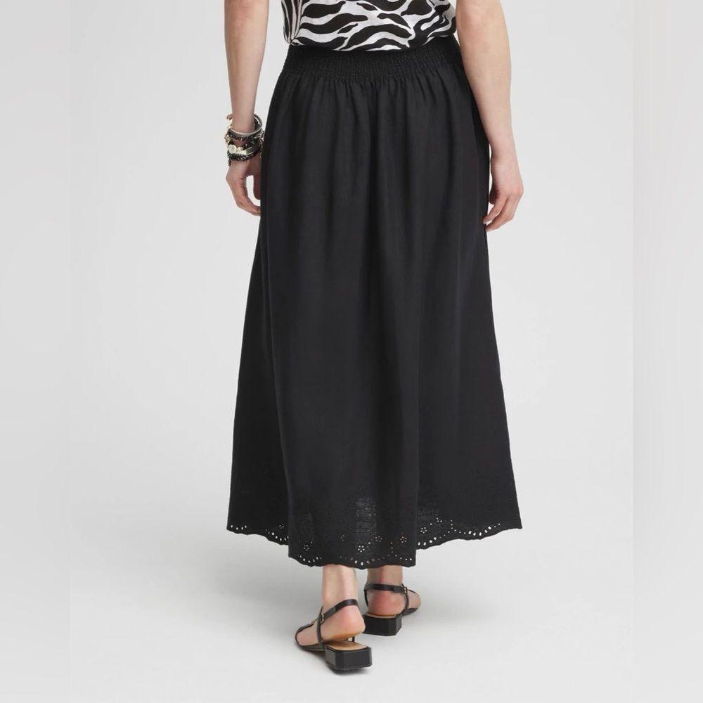 Chico’s Linen Embroidered Scallop Hem Skirt SZ 1 US 8 Elastic Waist Black - Picture 3 of 15